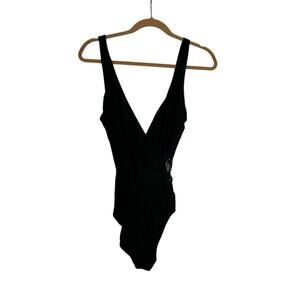 Longitude Black V Neck Low Back Rhinestone Swirl One Piece Swimsuit Size 10